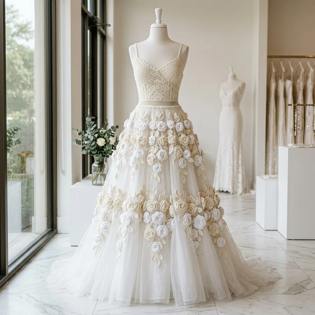 Ivory Bridal Rose Crochet Dress on a mannequin in a bridal boutique