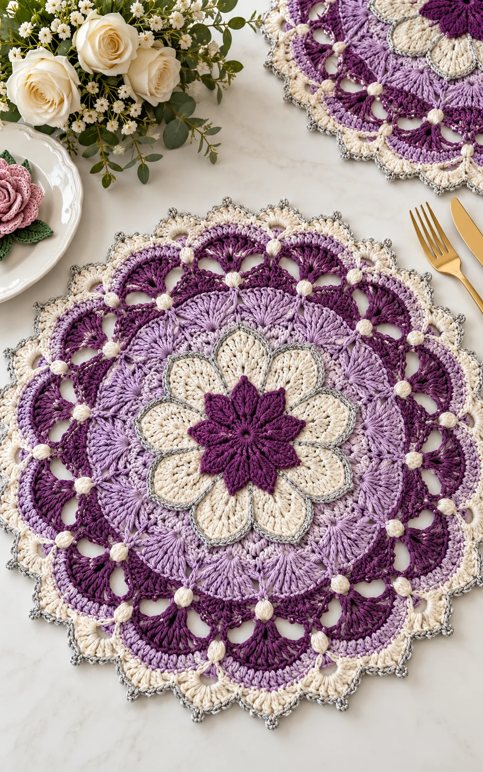 Lavender Pearl Fan Placemat Crochet Pattern