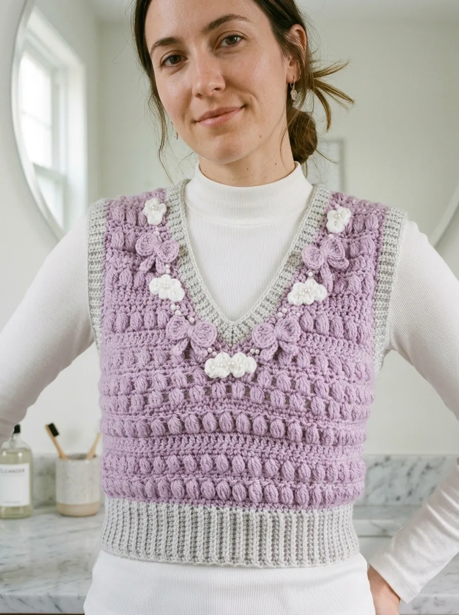 Lilac Clouds Bow Crochet Vest Free Crochet Pattern