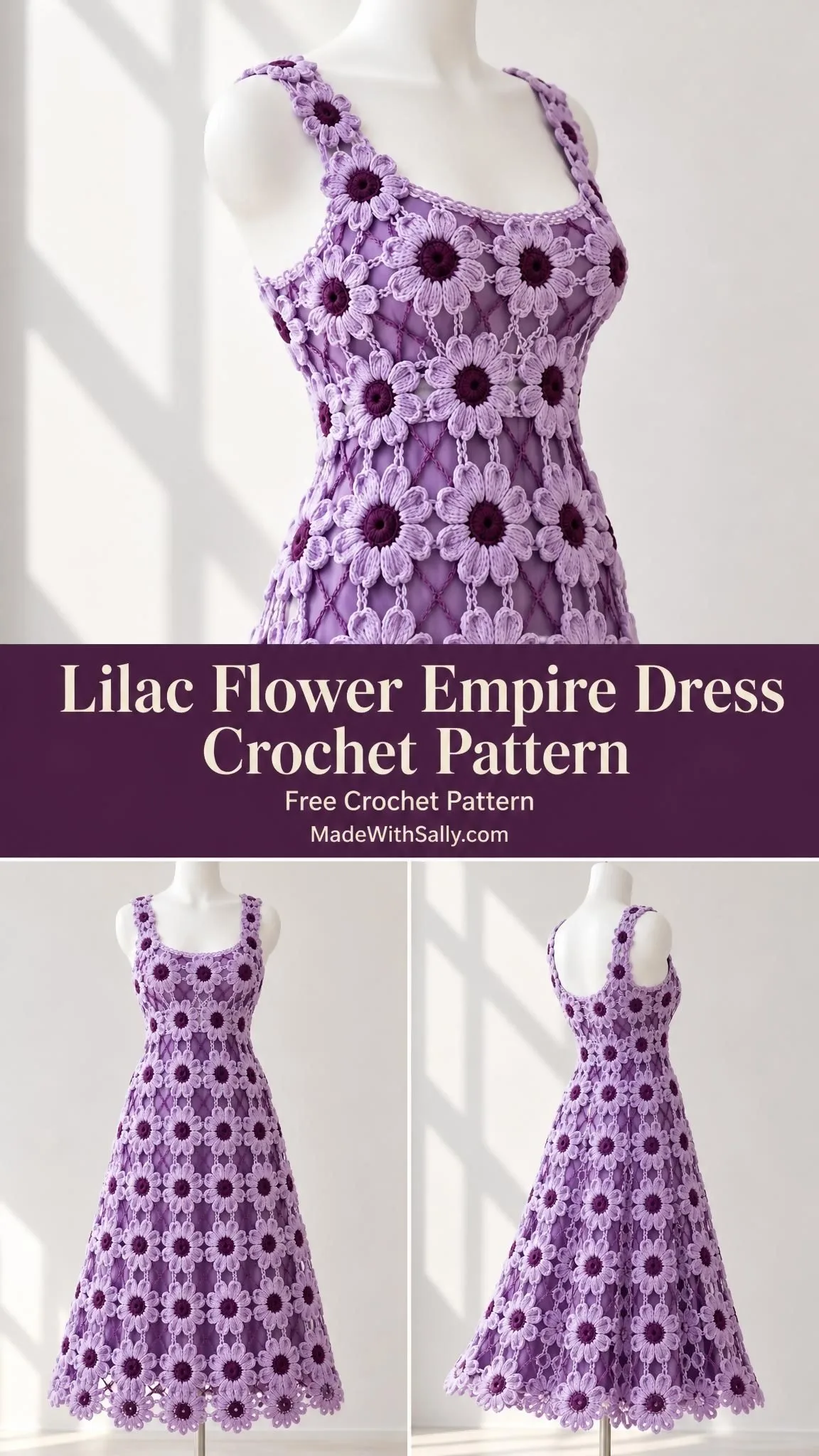 Close-up of lilac crochet dress bodice displaying lattice flower pattern and empire waistline construction