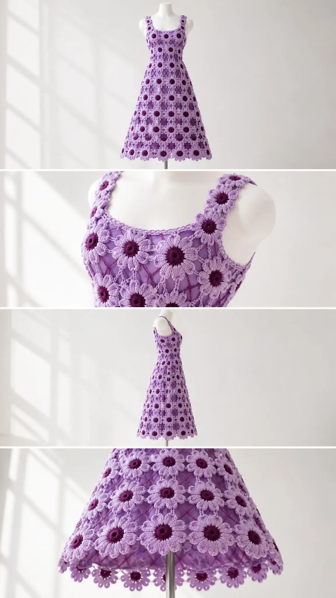 Full-length view of handmade purple crochet flower dress with wide straps and scalloped hem
