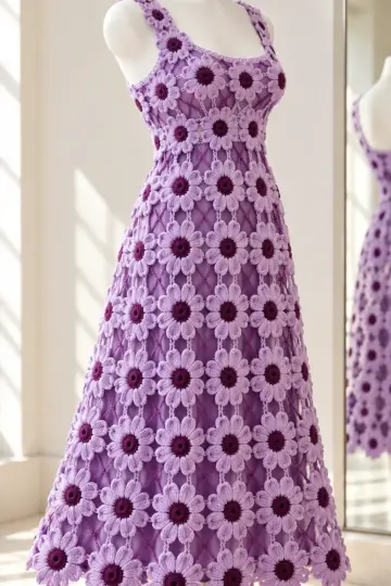 Lilac crochet flower empire dress on mannequin showing eight-petal motifs with plum centers and flared skirt