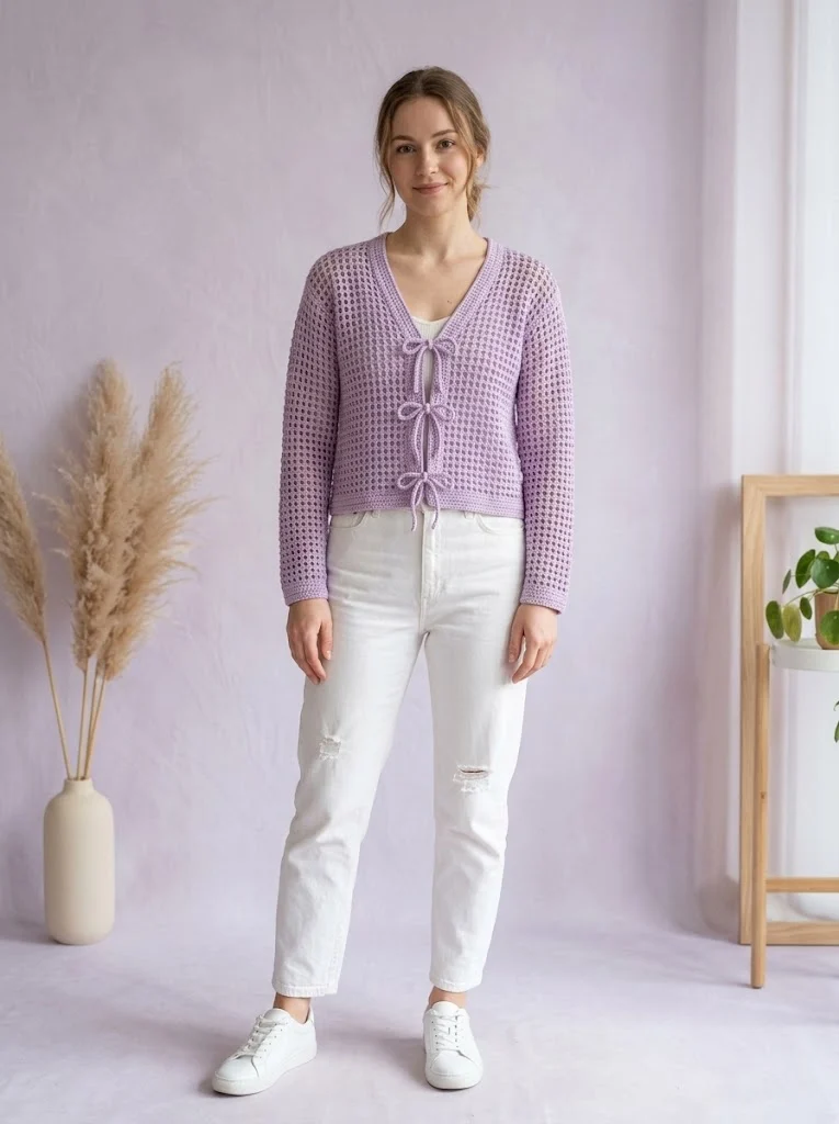 Lilac Purple Bow Cardigan Free Crochet Pattern