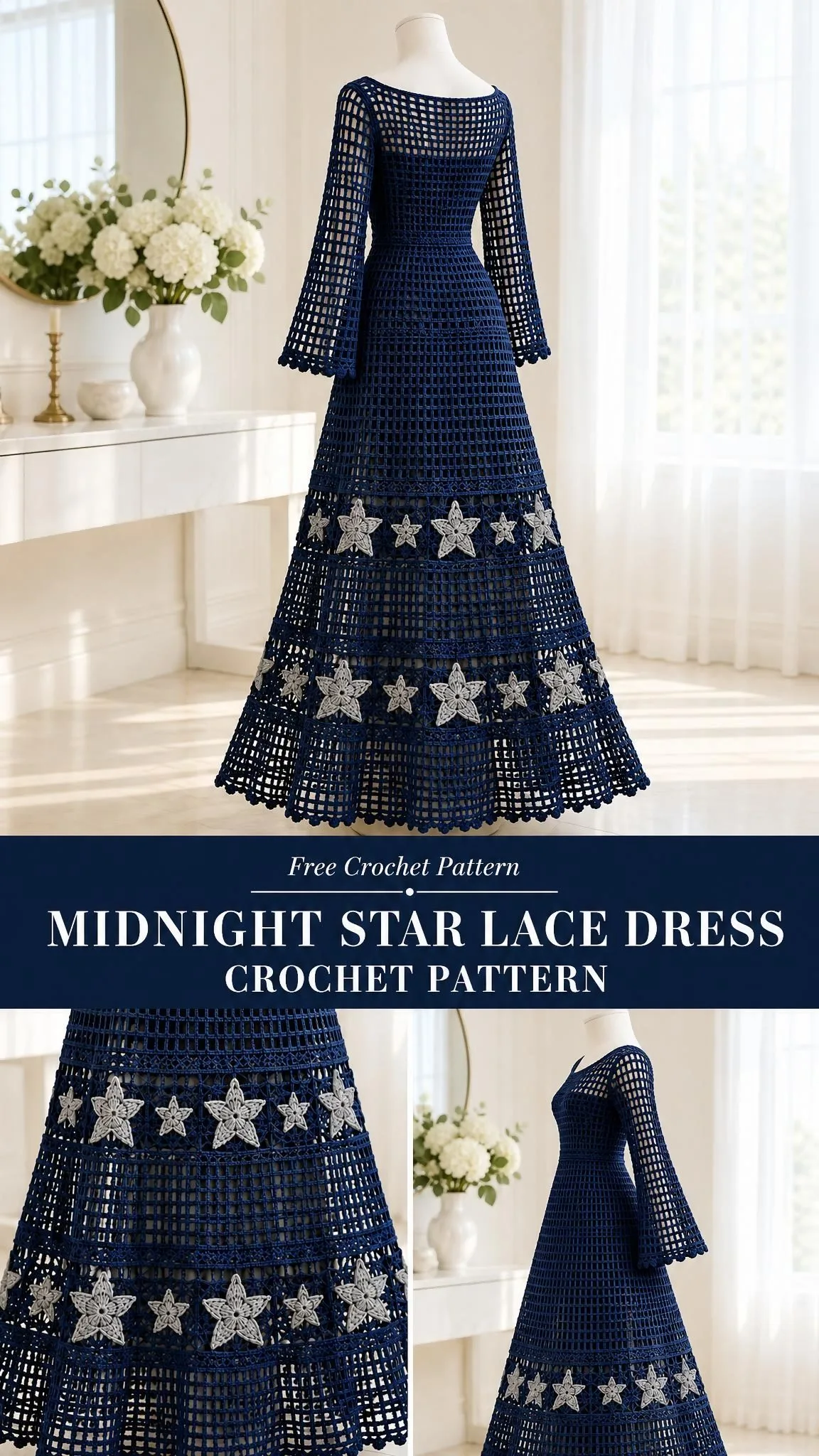 Back view of the Midnight Star Lace Dress in navy cotton with boat neckline, long mesh sleeves, and two bands of silver crocheted stars