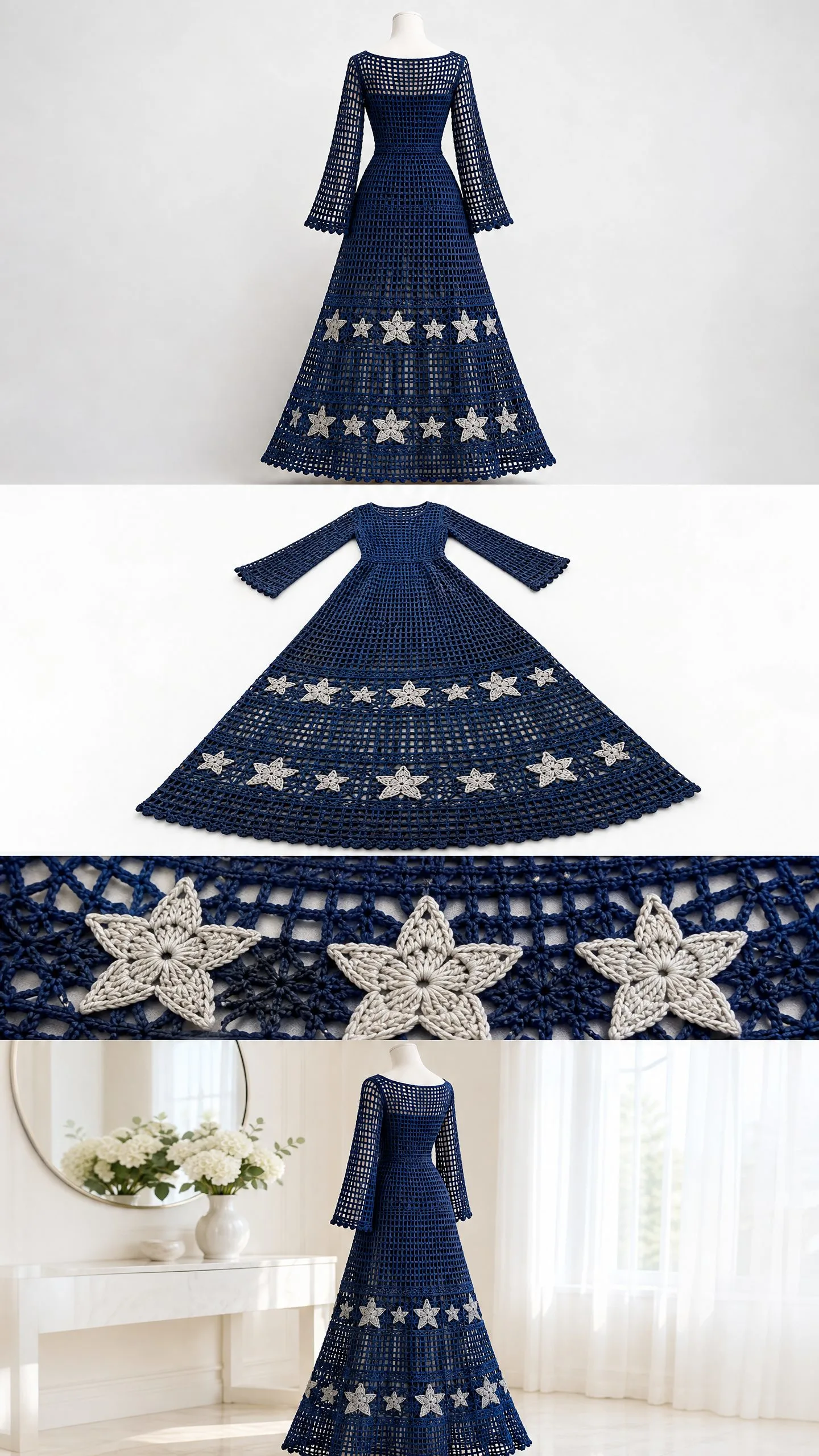 Close-up of crocheted star appliqués in silver-grey yarn against navy mesh fabric on ankle-length lace dress skirt