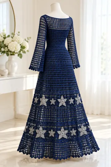 Navy crochet lace dress with silver star appliqués displayed on a dress form, showing mesh bodice and flared skirt with scalloped hem
