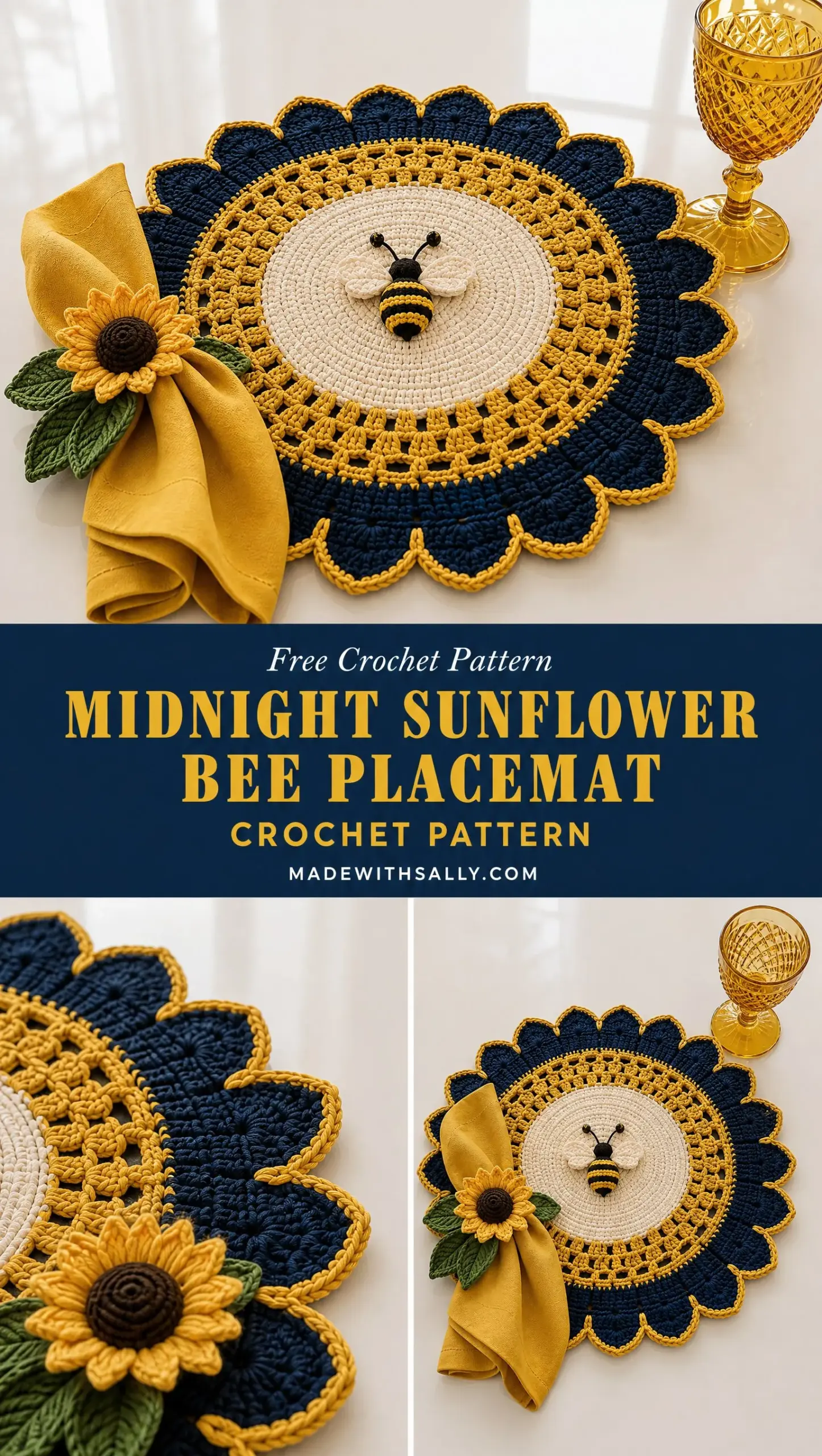 Midnight Sunflower Bee Placemat Crochet Pattern