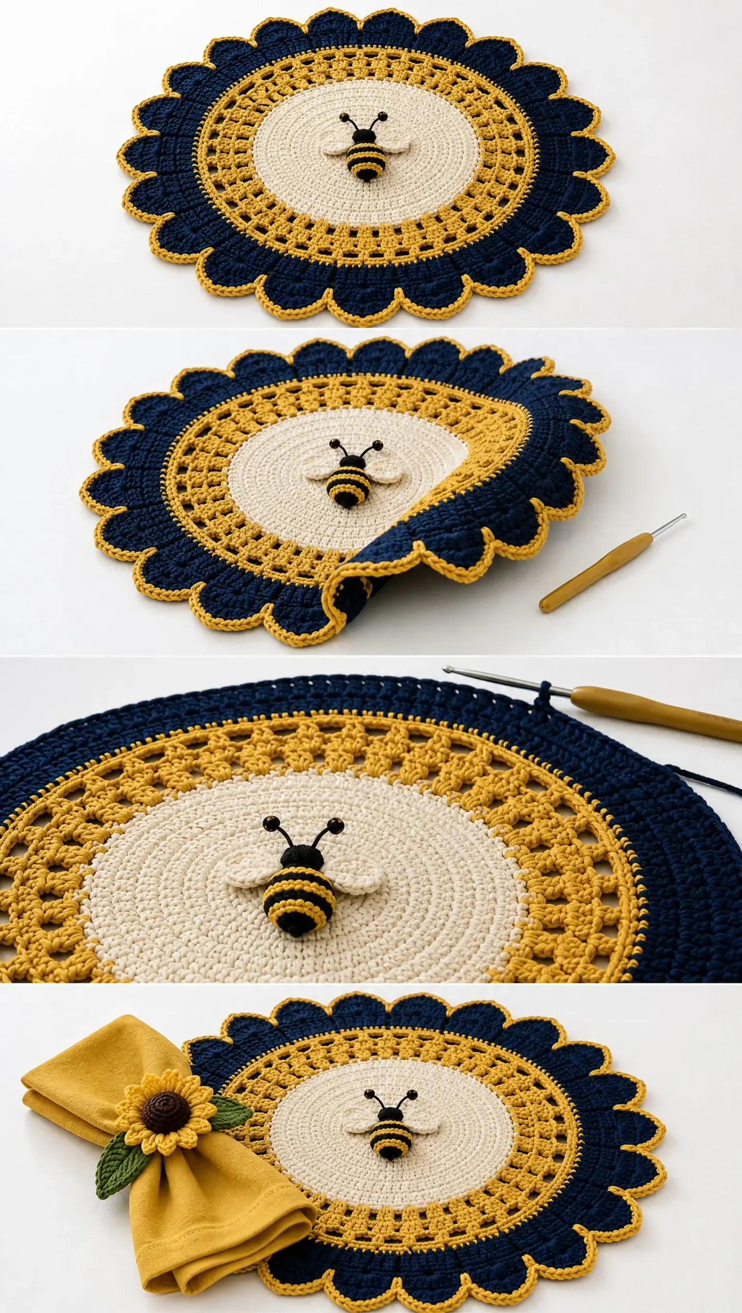 Midnight Sunflower Bee Placemat Crochet Pattern