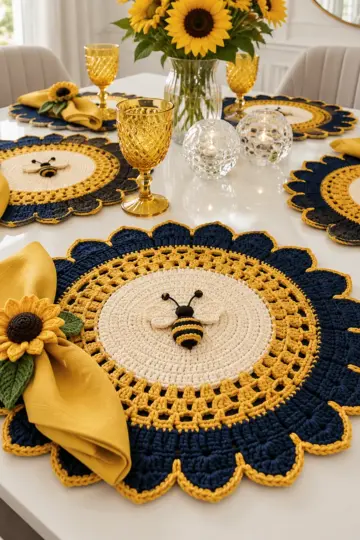 Midnight Sunflower Bee Placemat Crochet Pattern