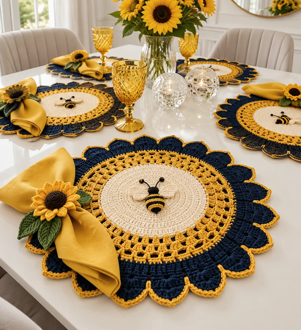 Midnight Sunflower Bee Placemat Crochet Pattern