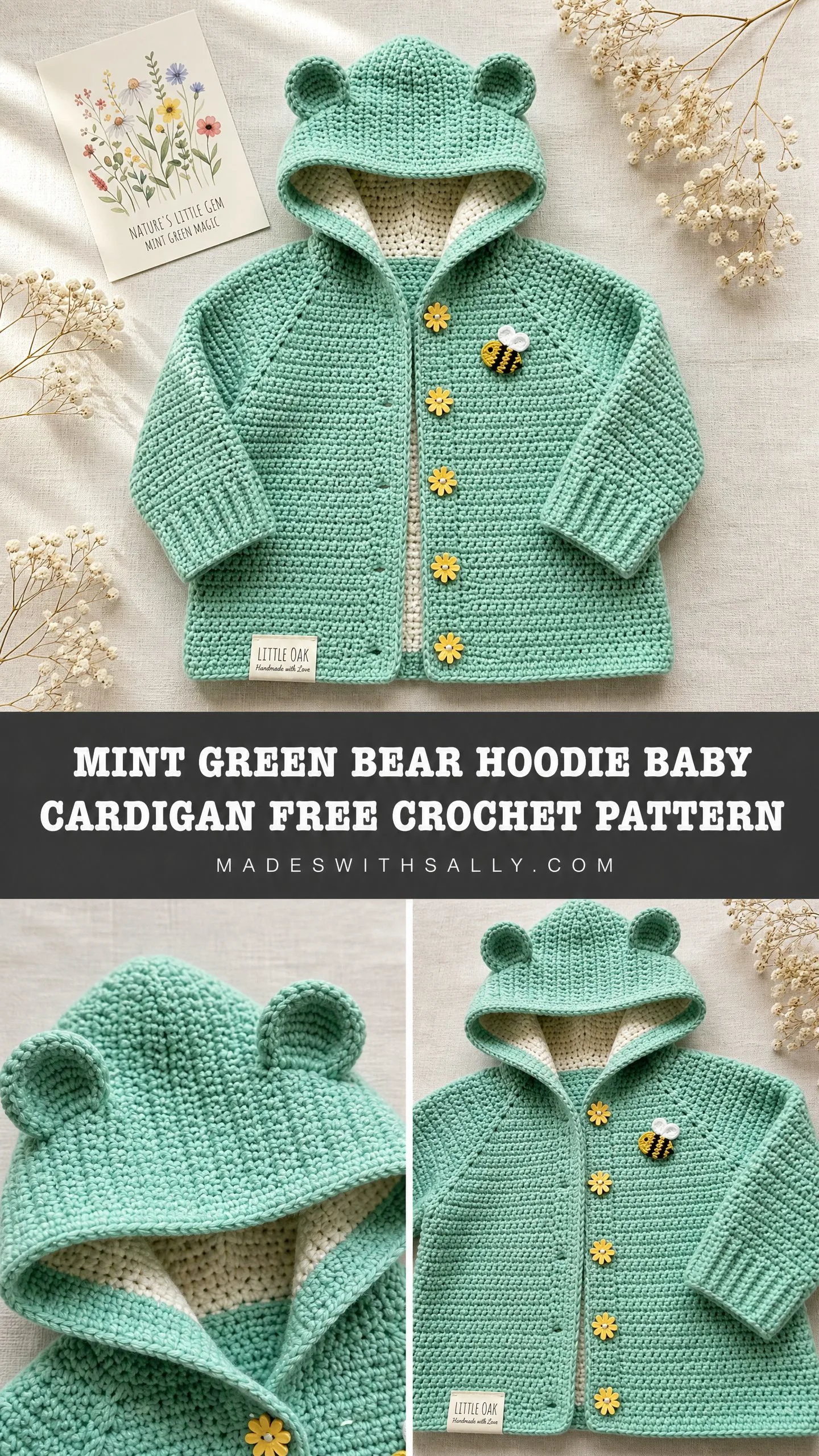 Mint Green Bear Hoodie Baby Cardigan Free Crochet Pattern