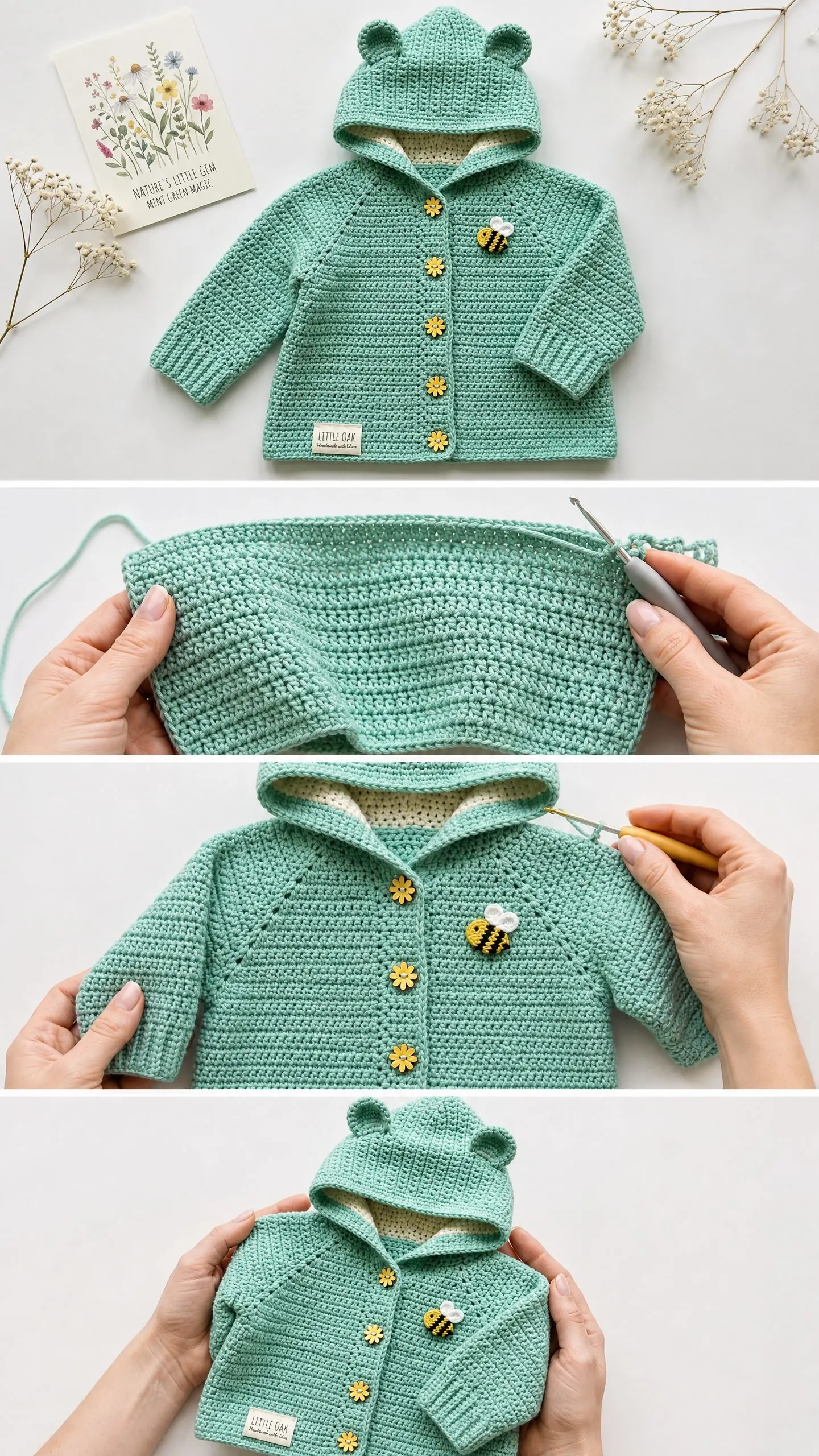 Mint Green Bear Hoodie Baby Cardigan Free Crochet Pattern
