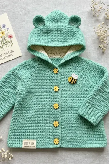 Mint Green Bear Hoodie Baby Cardigan Free Crochet Pattern