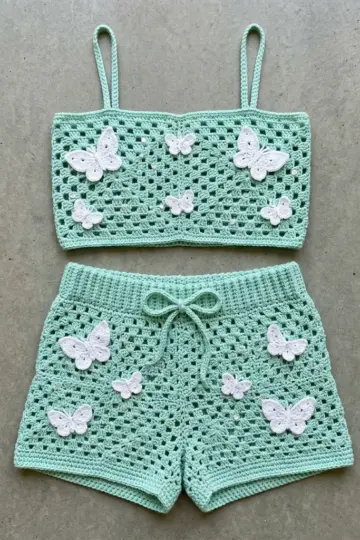Mint Green Butterfly Crochet Summer Set Free Pattern