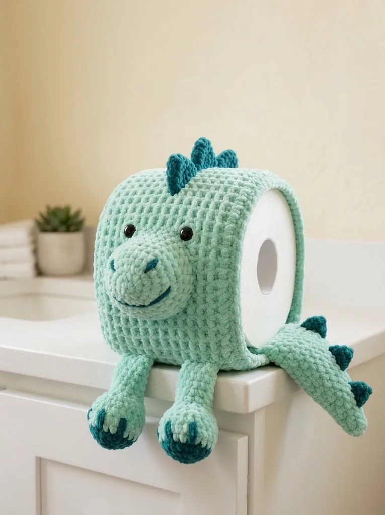 Mint Green Dinosaur Toilet Paper Cozy Free Crochet Pattern