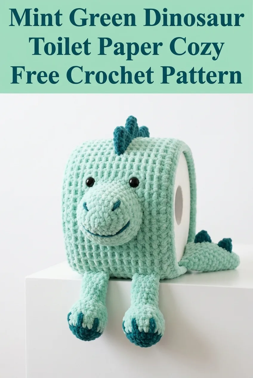 Mint Green Dinosaur Toilet Paper Cozy Free Crochet Pattern