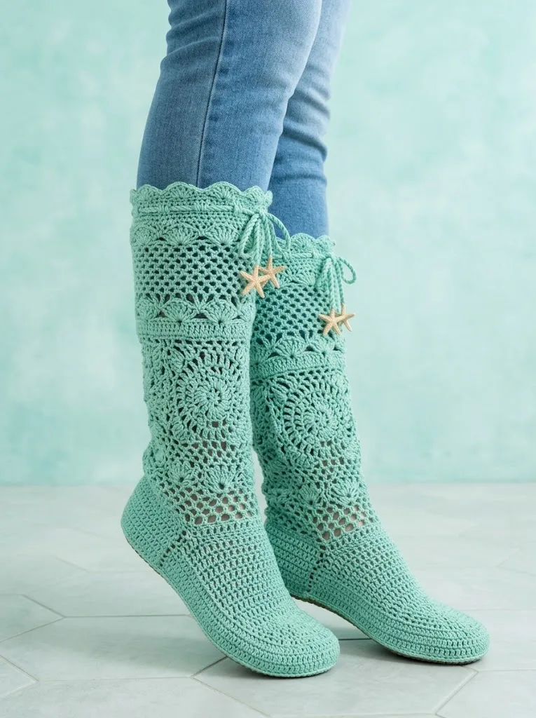 Mint Seafoam Crochet Lace Boots Free Pattern