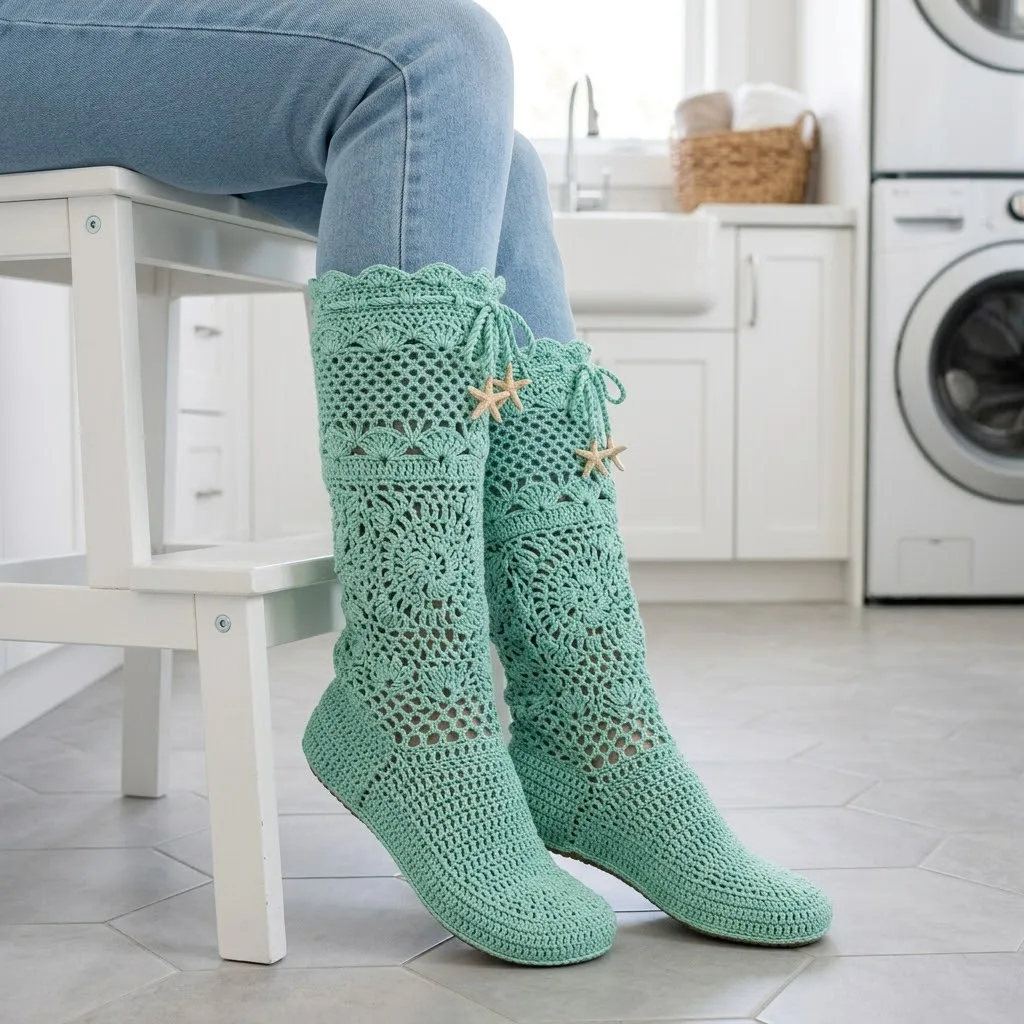 Mint Seafoam Crochet Lace Boots Free Pattern