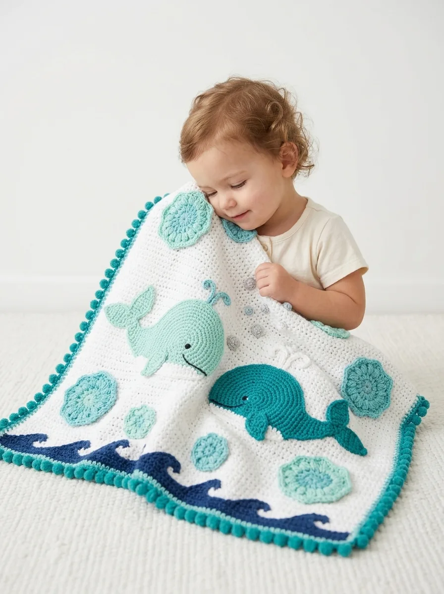 Mint Whale and Bubbles Baby Blanket Free Crochet Pattern
