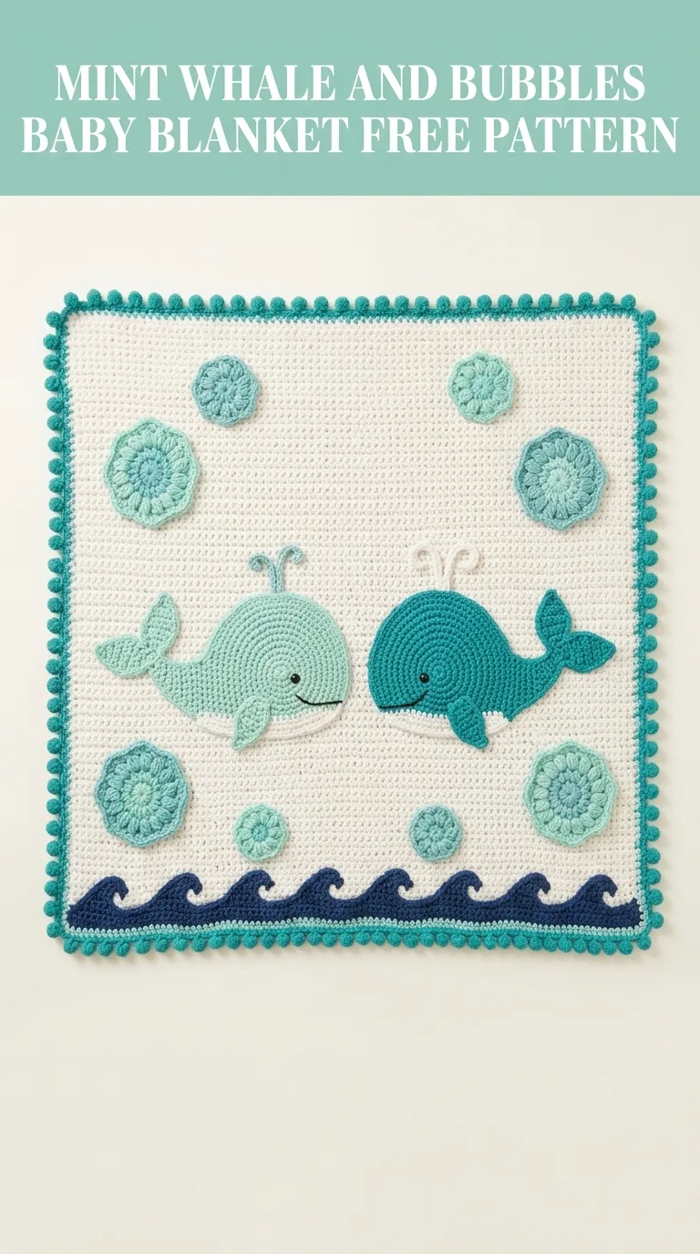 Mint Whale and Bubbles Baby Blanket Free Crochet Pattern