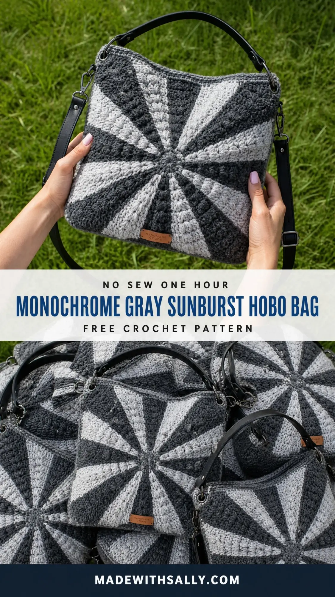 Monochrome Gray Sunburst Hobo Bag Free Crochet Pattern