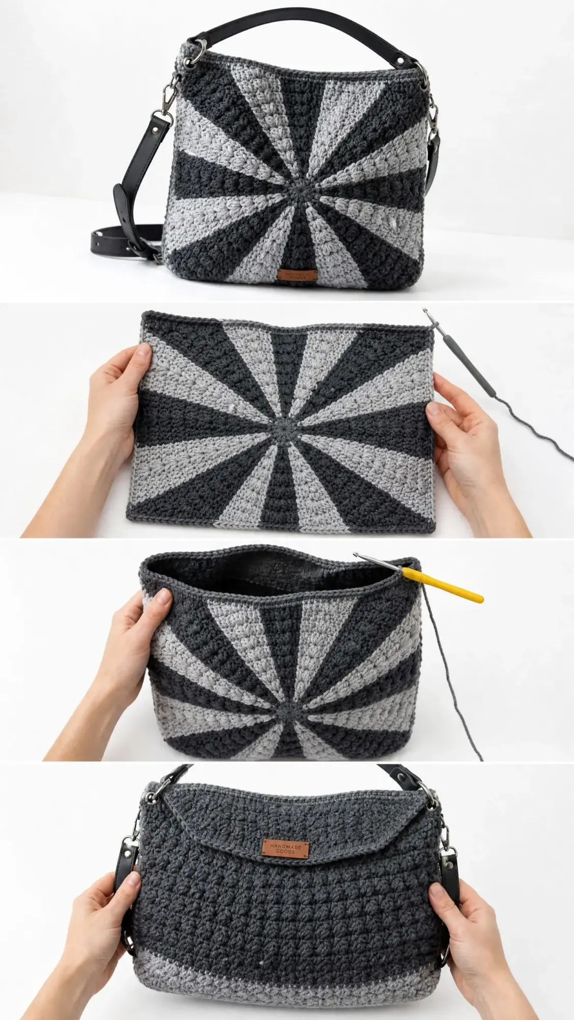Monochrome Gray Sunburst Hobo Bag Free Crochet Pattern
