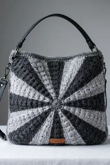 Monochrome Gray Sunburst Hobo Bag Free Crochet Pattern
