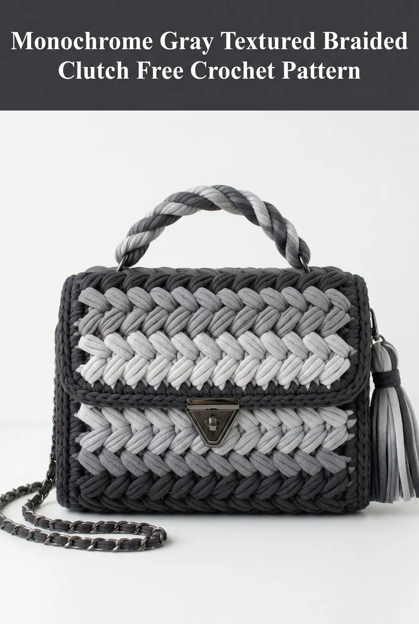 Monochrome Gray Textured Braided Clutch Free Crochet Pattern