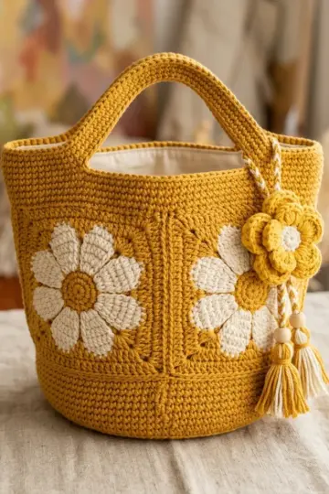 Mustard Yellow Daisy Tote Free Crochet Pattern