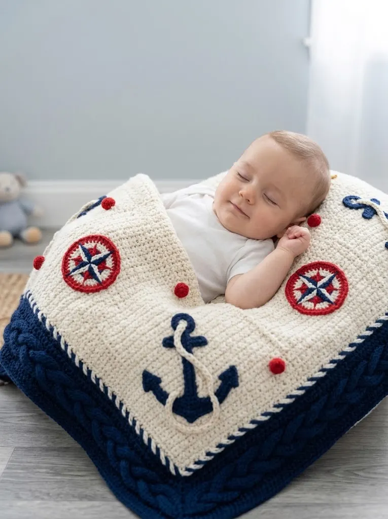 Navy Anchor Nautical Baby Blanket Free Crochet Pattern