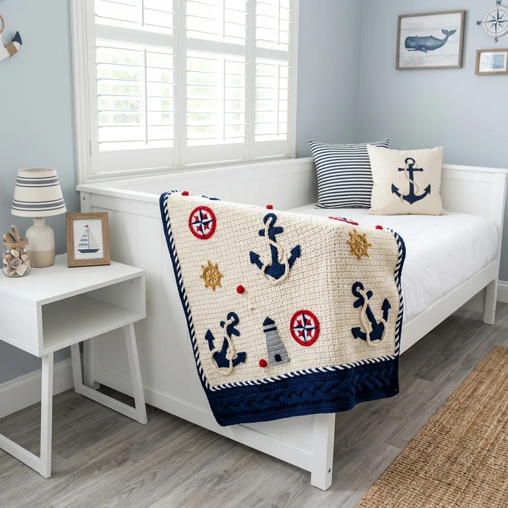 Navy Anchor Nautical Baby Blanket Free Crochet Pattern