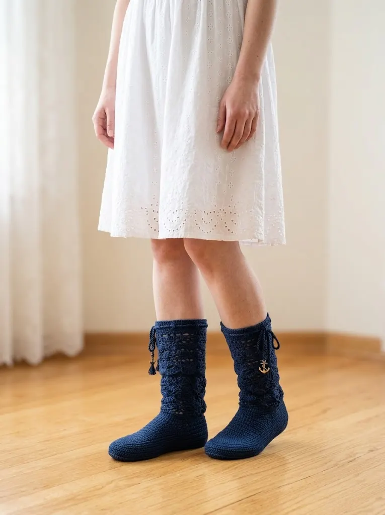 Navy Blue Coastal Crochet Summer Boots Free Pattern