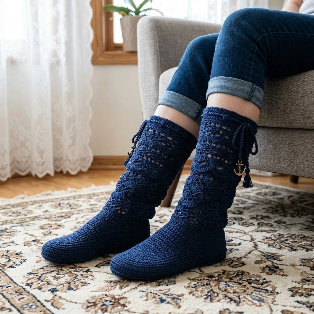Navy Blue Coastal Crochet Summer Boots Free Pattern