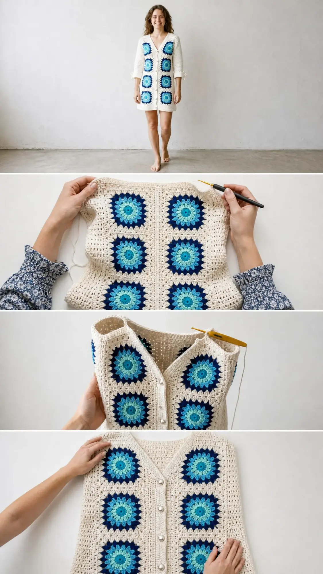 Navy Blue Coastal Granny Square Dress Free Crochet Pattern