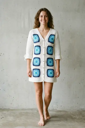 Navy Blue Coastal Granny Square Dress Free Crochet Pattern