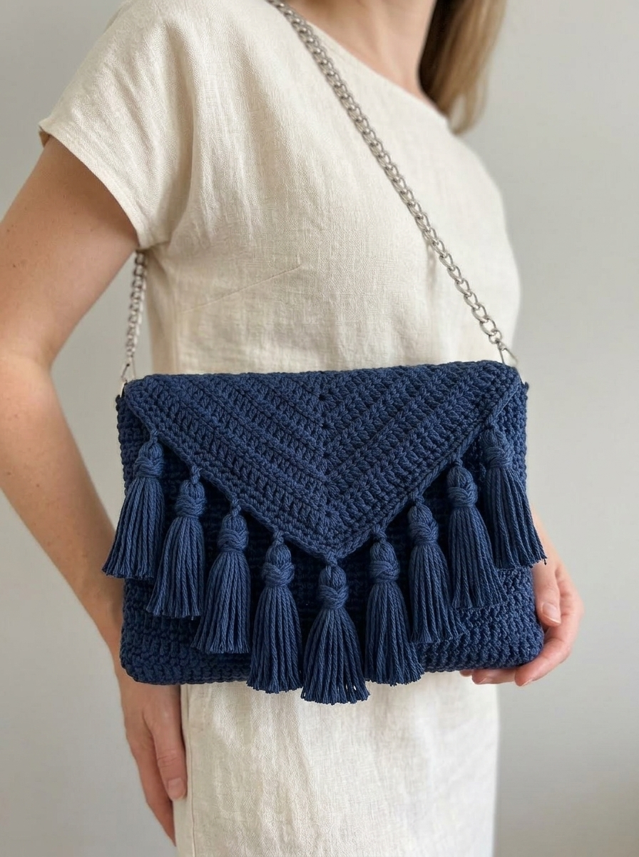 Navy Blue Coastal Tassel Clutch Free Crochet Pattern
