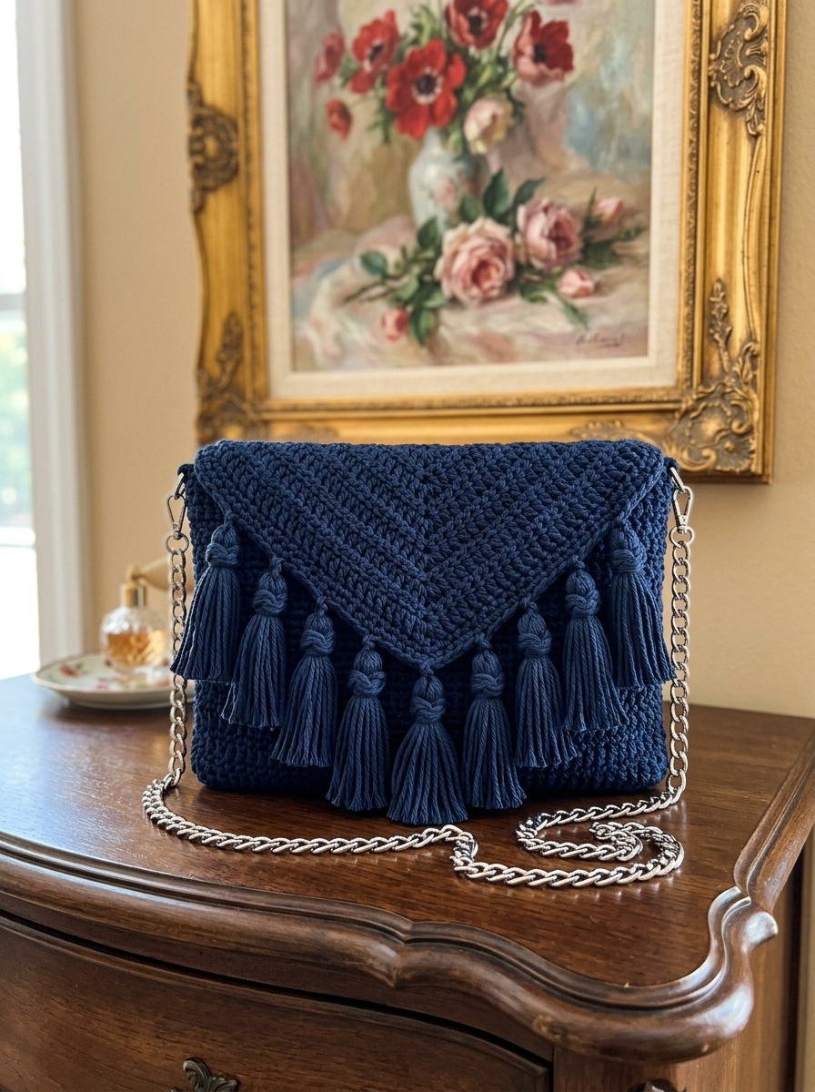 Navy Blue Coastal Tassel Clutch Crochet Pattern (PDF Download)