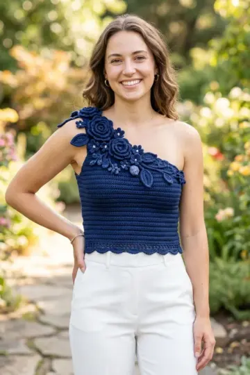 Navy Blue Elegant One Shoulder Top Free Crochet Pattern