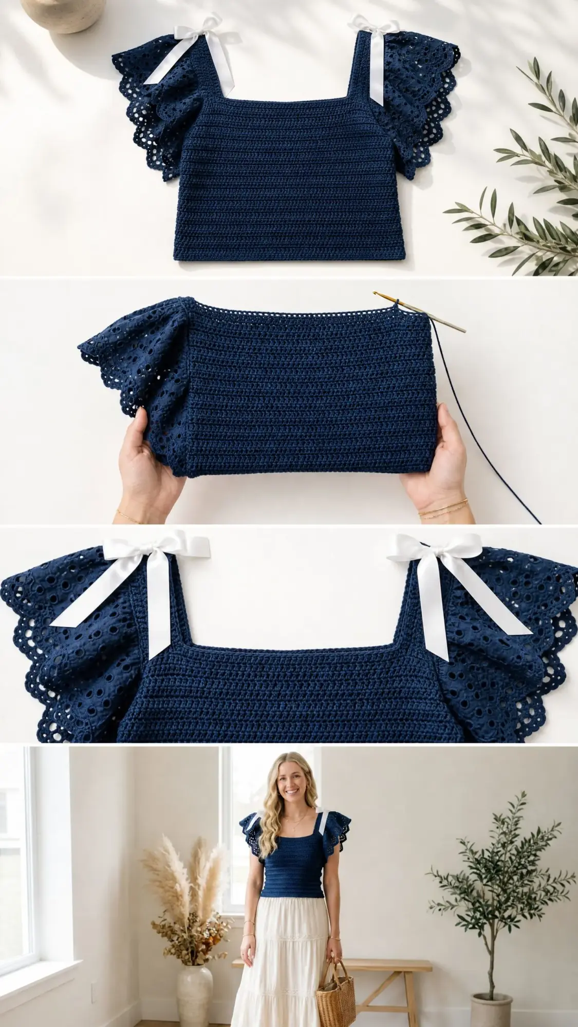 Navy Blue Nautical Ruffle Crochet Top Free Pattern