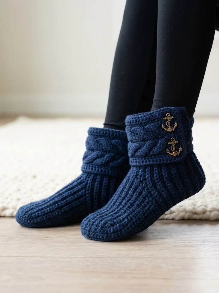 Navy Blue Nautical Slipper Boots Free Crochet Pattern