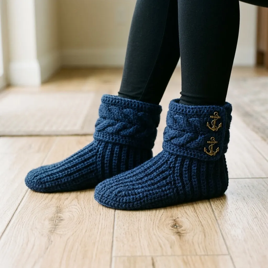 Navy Blue Nautical Slipper Boots Free Crochet Pattern