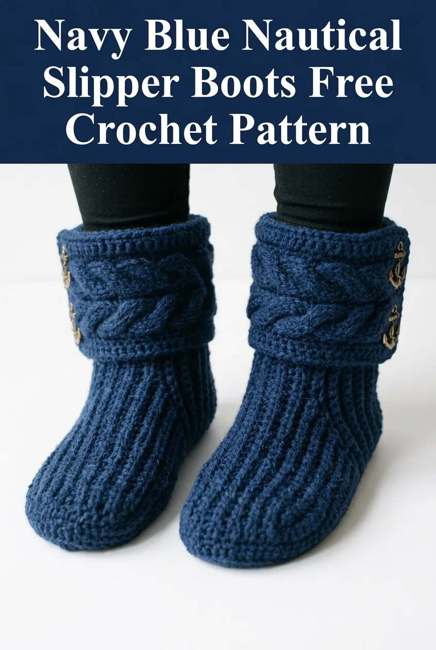 Navy Blue Nautical Slipper Boots Free Crochet Pattern