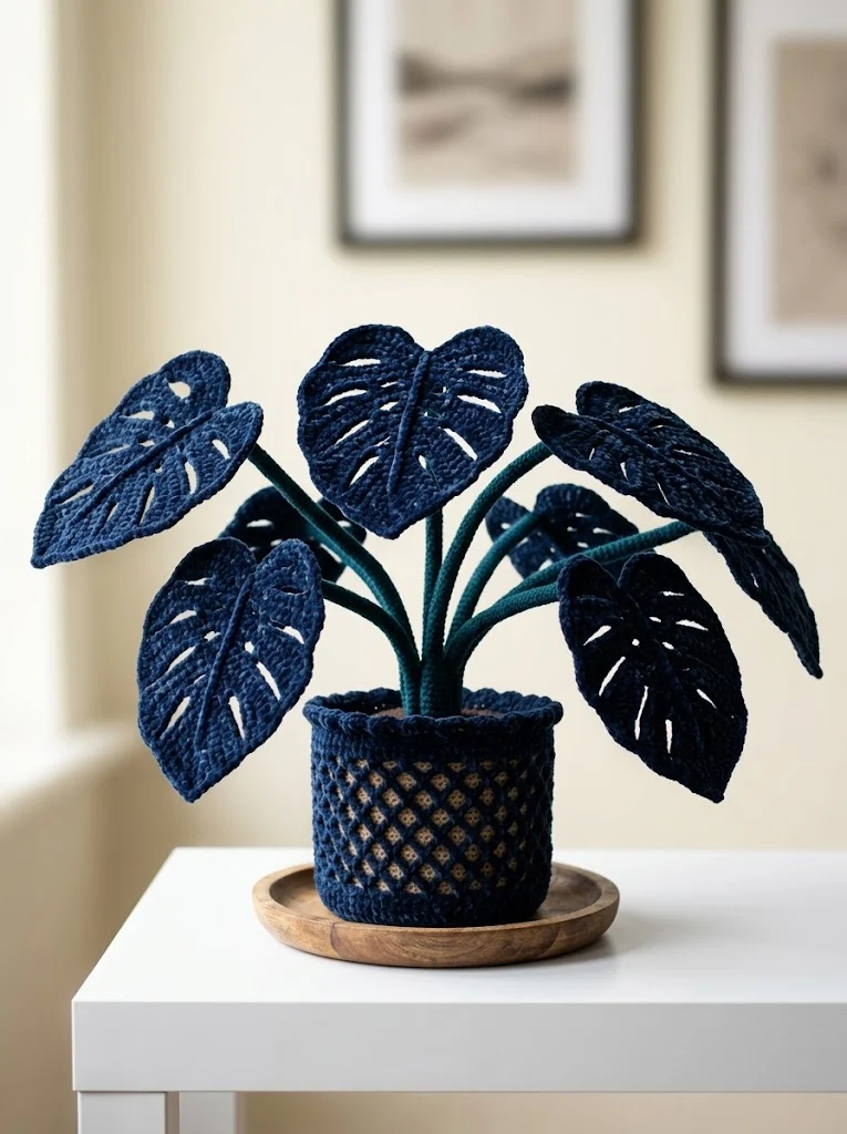 Navy Blue Velvet Monstera Crochet Plant Free Pattern