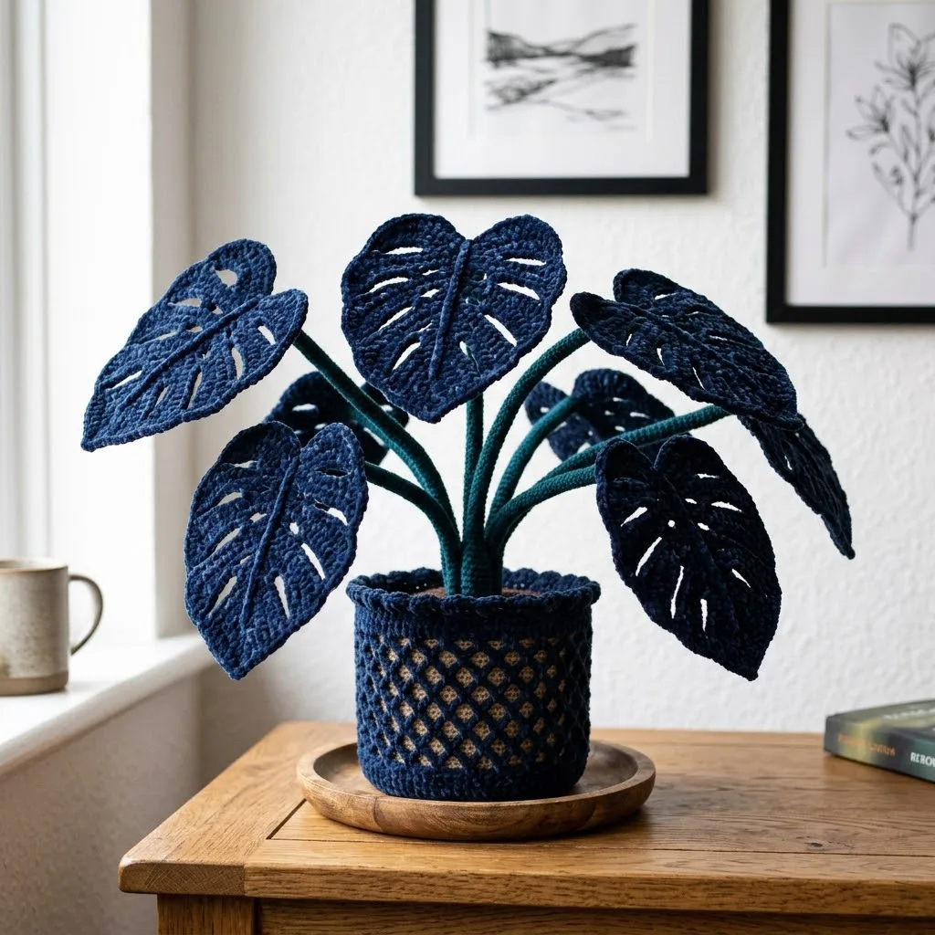 Navy Blue Velvet Monstera Crochet Plant Free Pattern