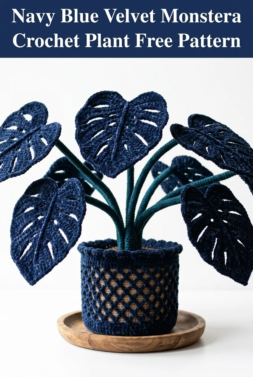 Navy Blue Velvet Monstera Crochet Plant Free Pattern