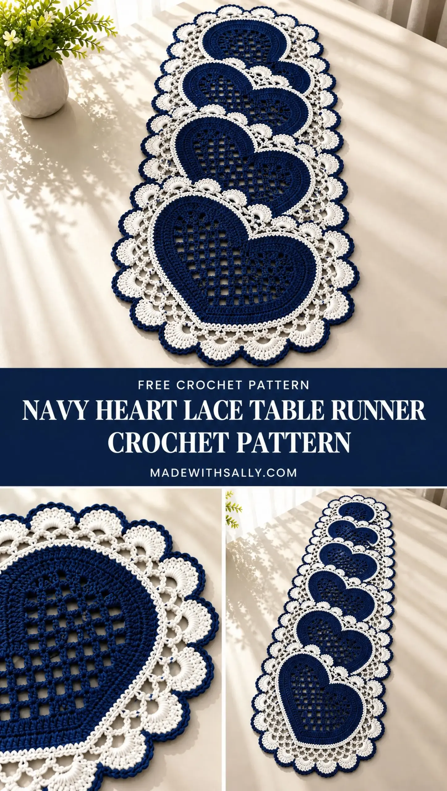Navy Heart Lace Table Runner Crochet Pattern