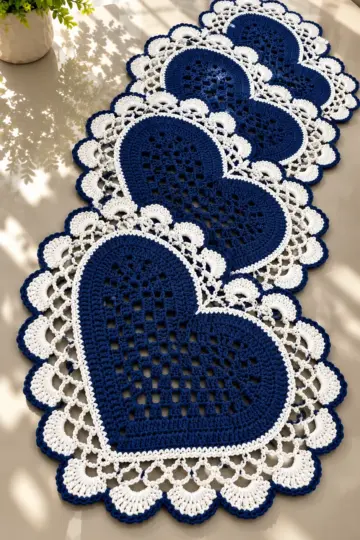 Navy Heart Lace Table Runner Crochet Pattern