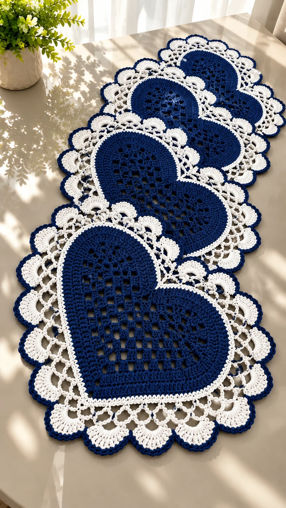 Navy Heart Lace Table Runner Crochet Pattern