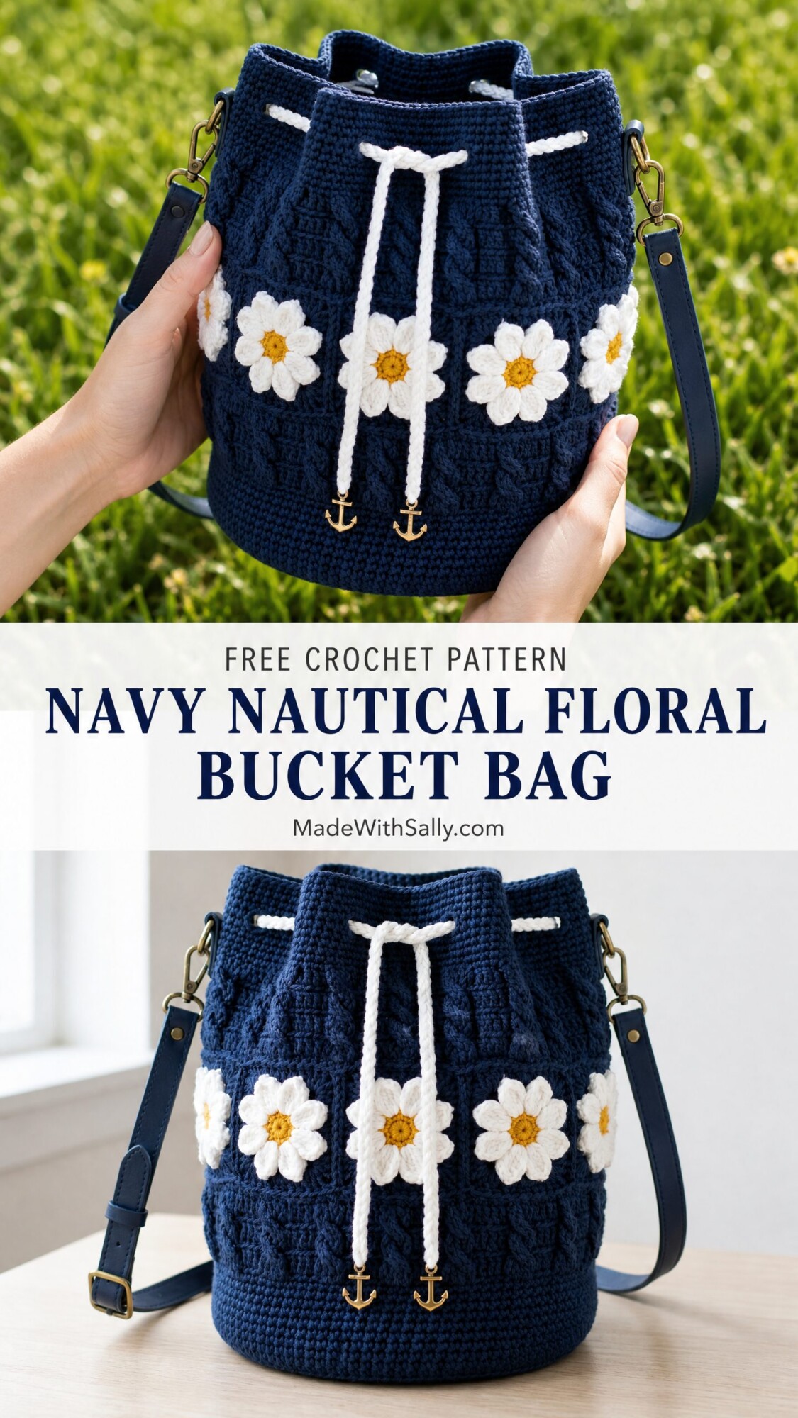 Navy Nautical Floral Bucket Bag Free Crochet Pattern