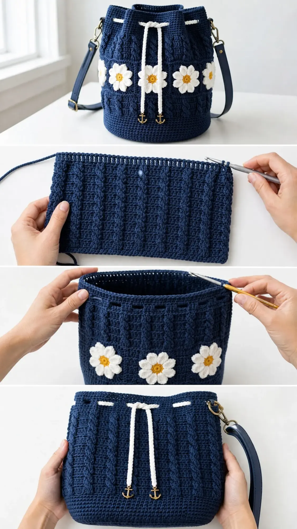 Navy Nautical Floral Bucket Bag Free Crochet Pattern